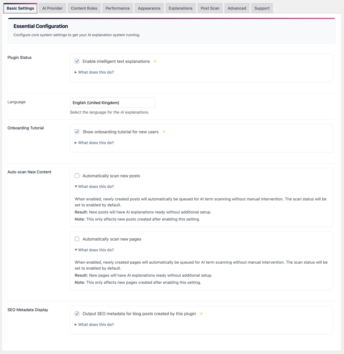 Basic settings interface