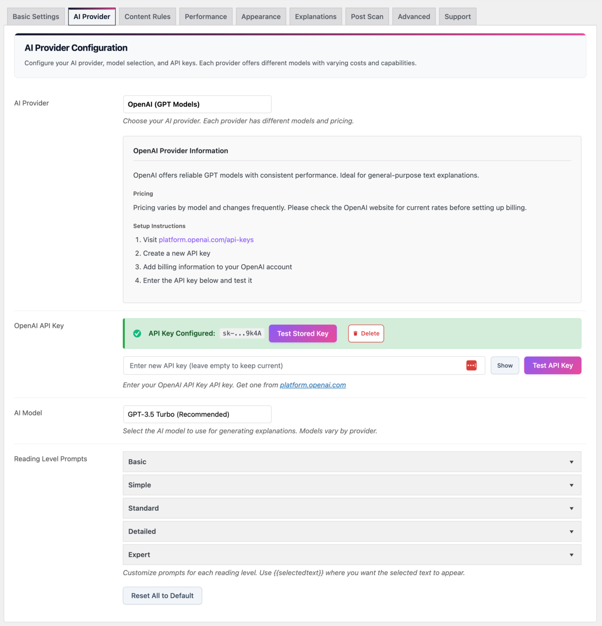 AI provider settings interface