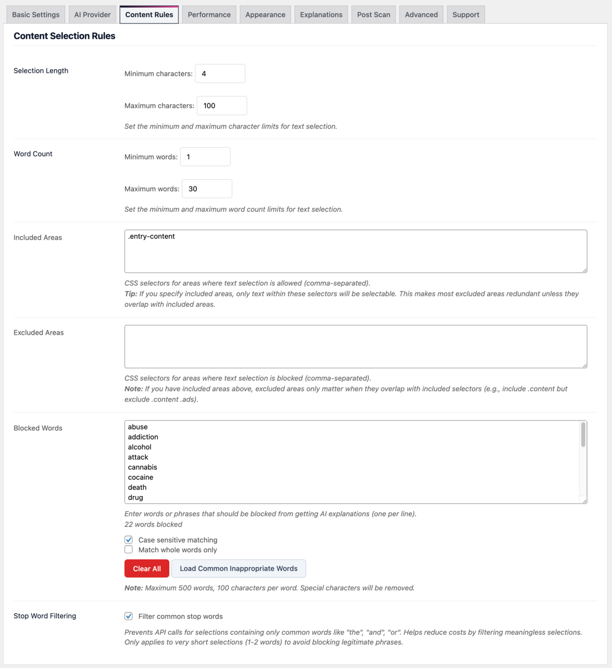 Content rules settings interface