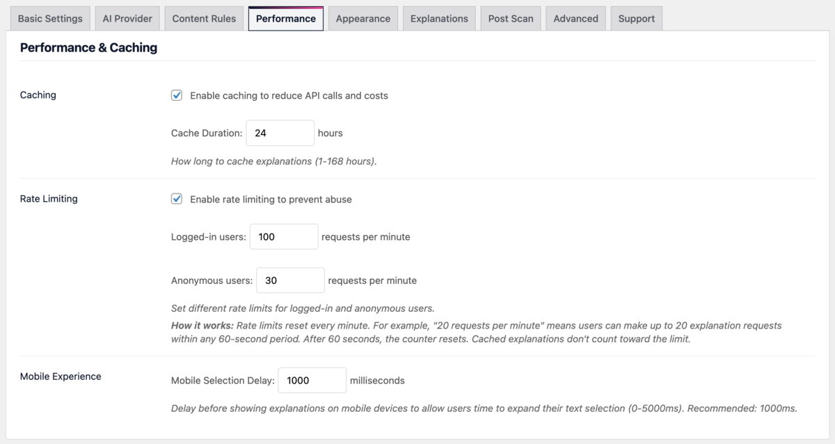 Performance settings interface