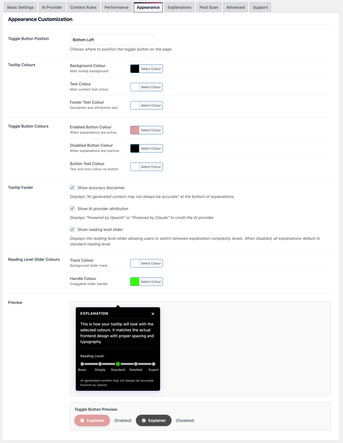 Appearance settings interface