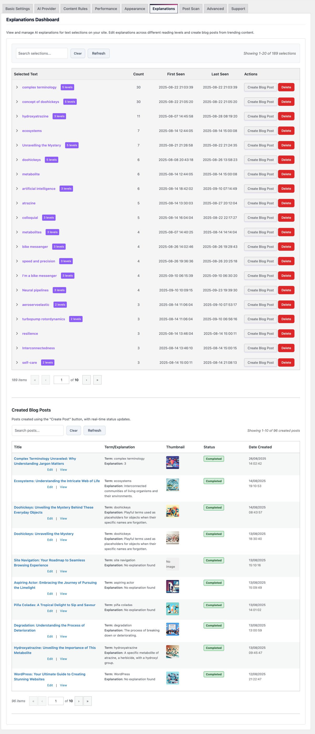 Explanations dashboard interface
